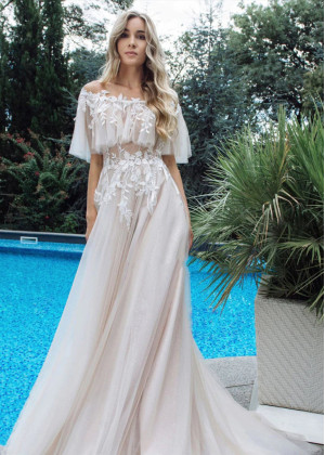 Off Shoulder Ivory Lace Champagne Tulle Wedding Dress